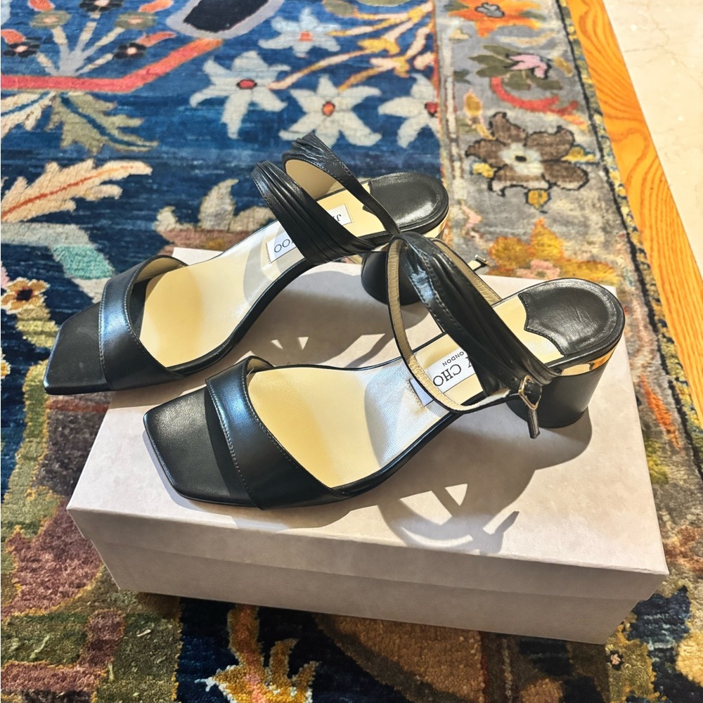 Jimmy Choo Black and Gold Block Heel Sandals - Picture 3 of 5